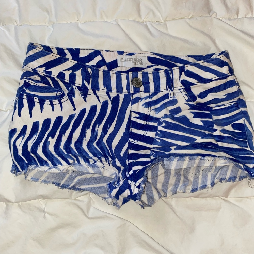 Express blue and white women’s booty shorts